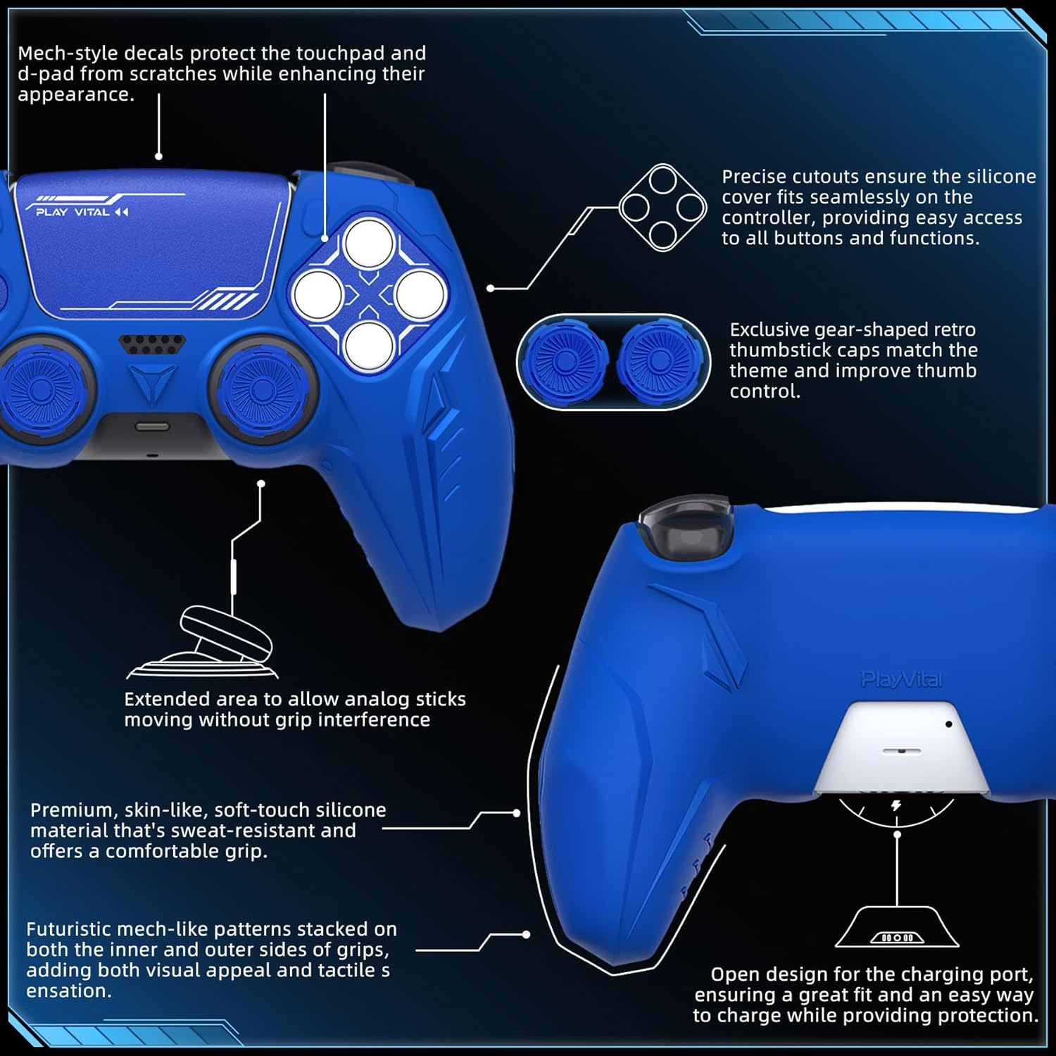 Playvital Silicone Grip Skin for Ps5 Controller - Anti-Slip|Premium Silicone Material|Perfect Fit|Futuristic Cybermech Design|Compatible with Ps5 Official Charging Dock - Blue image number 4