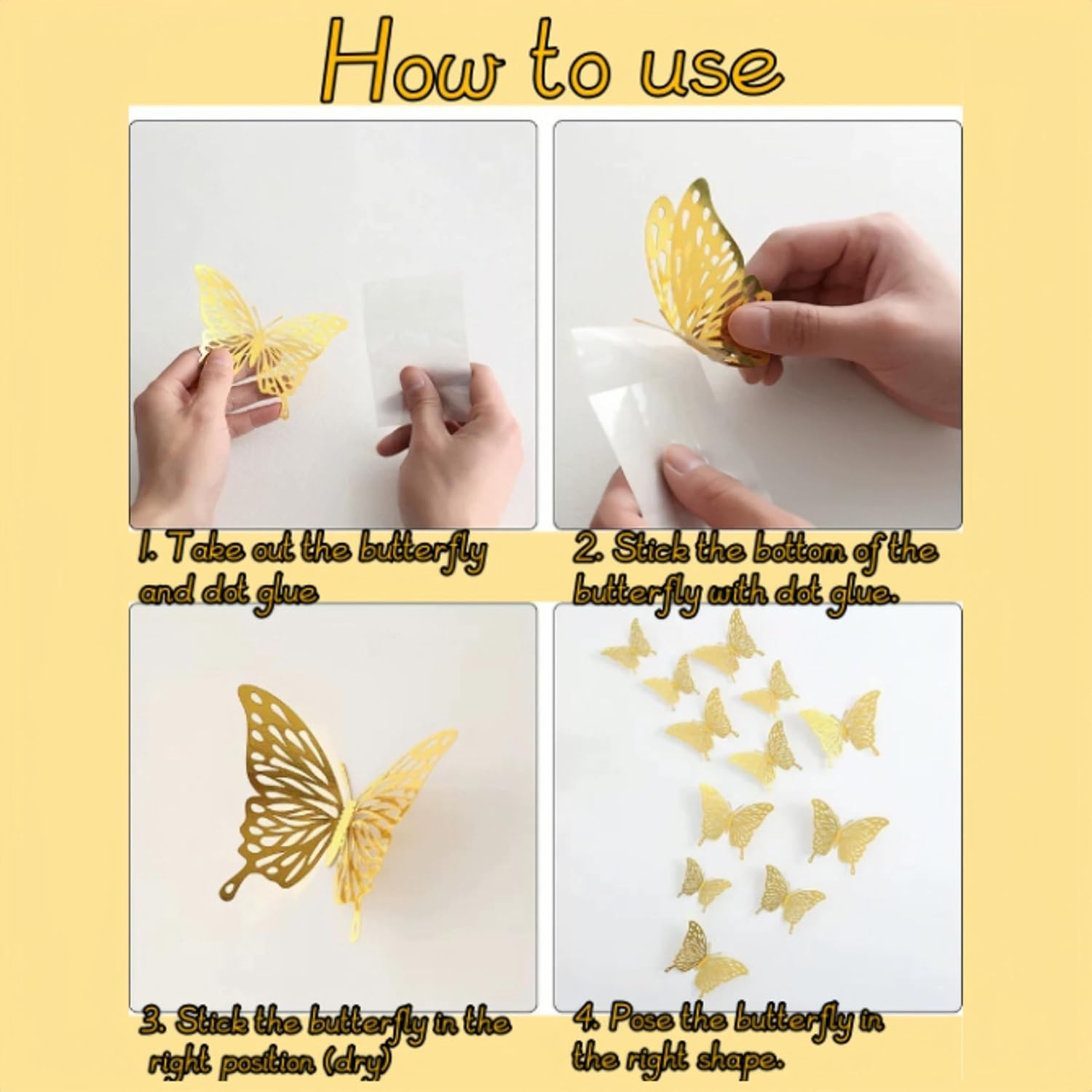 YALLOVE 3D Gold Butterfly Wall Decor, 48 PCS 3 Sizes, Removable Wall Stickers for Cake Decor, Room Decor, Wedding, Birthday image number 2