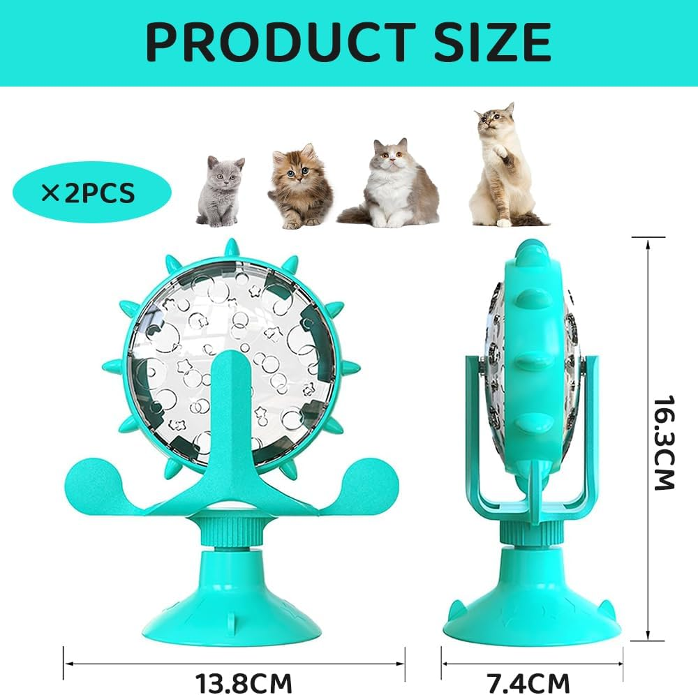 2 Pcs Interactive Cat & Dog Treat Dispenser Toys, Slow Feeder Leaky Food Toys with Suction Cup, 360&deg; Rotating Windmill for Small Dogs & Indoor Cats (Blue & Yellow) image number 3