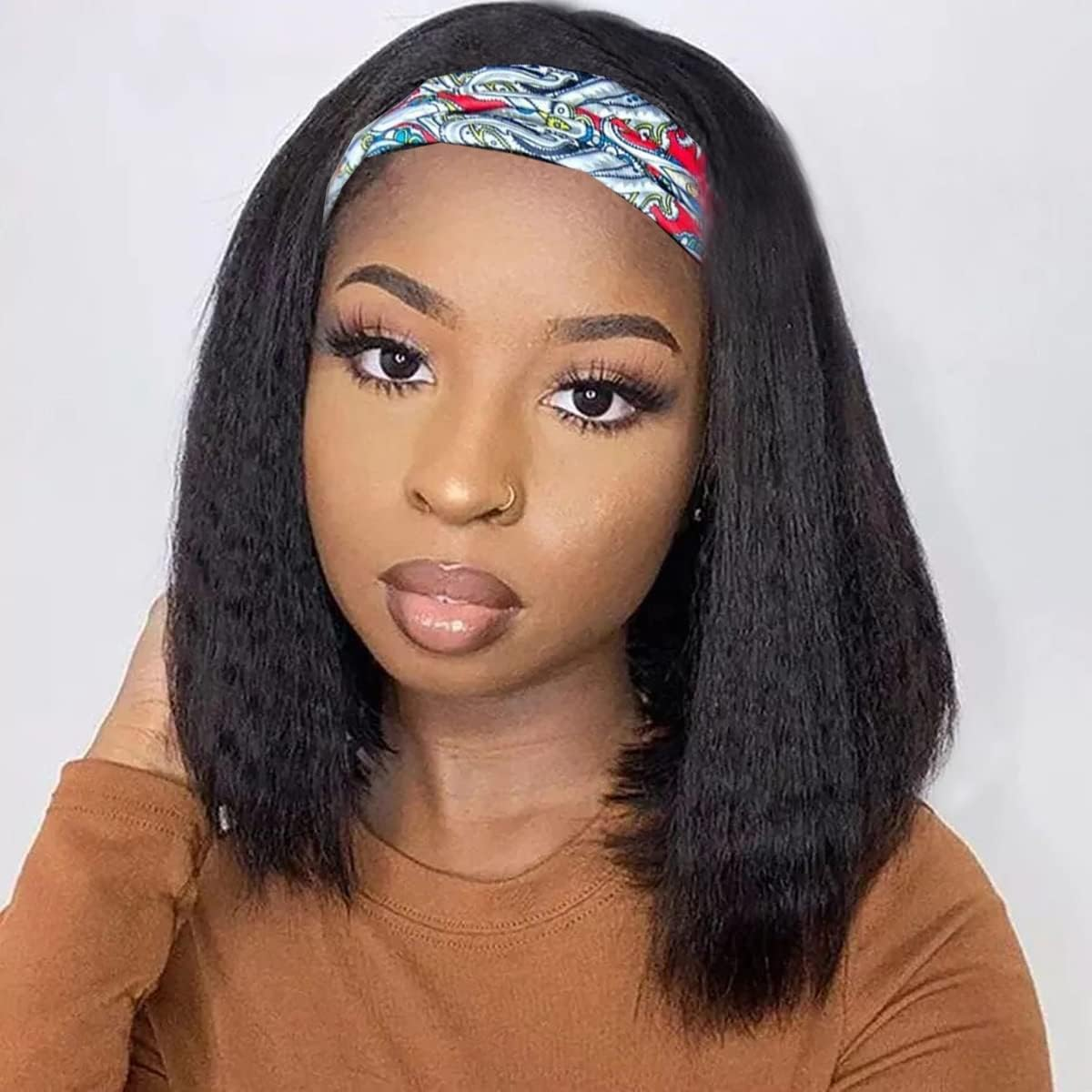 Aminow Kinky Straight Headband Wig, Soft & Natural as Human Hair, Glueless Headband Wigs for Black Women, Long Black Italian Yaki Synthetic Half Wig (1B Natural Black, 16 Inches) image number 4