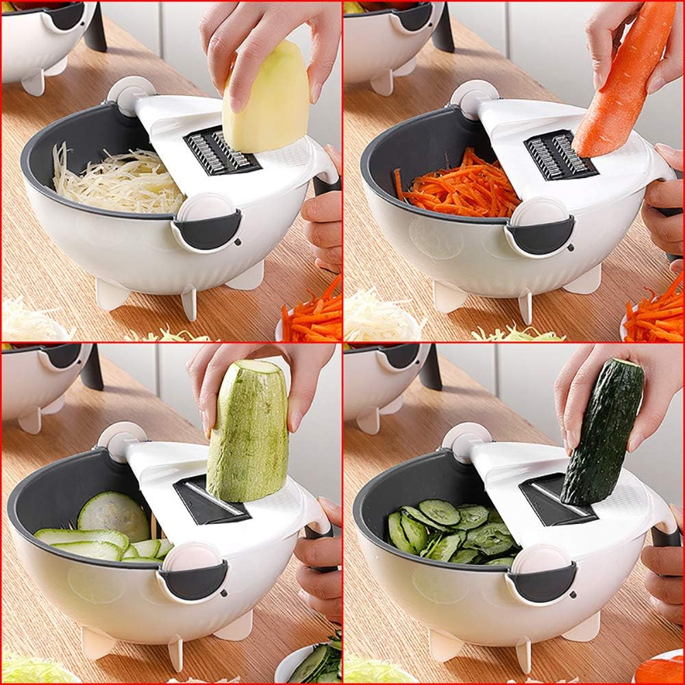 9-In-1 Multi-Functional Rotate Vegetable Cutter Manual Slicer Fruit Cutter Mandoline Choppers Veggie Fruit Shredder Grater Large Capacity Vegetable Drainer Draining Basket Carrot Potato Cutting Tool image number 3