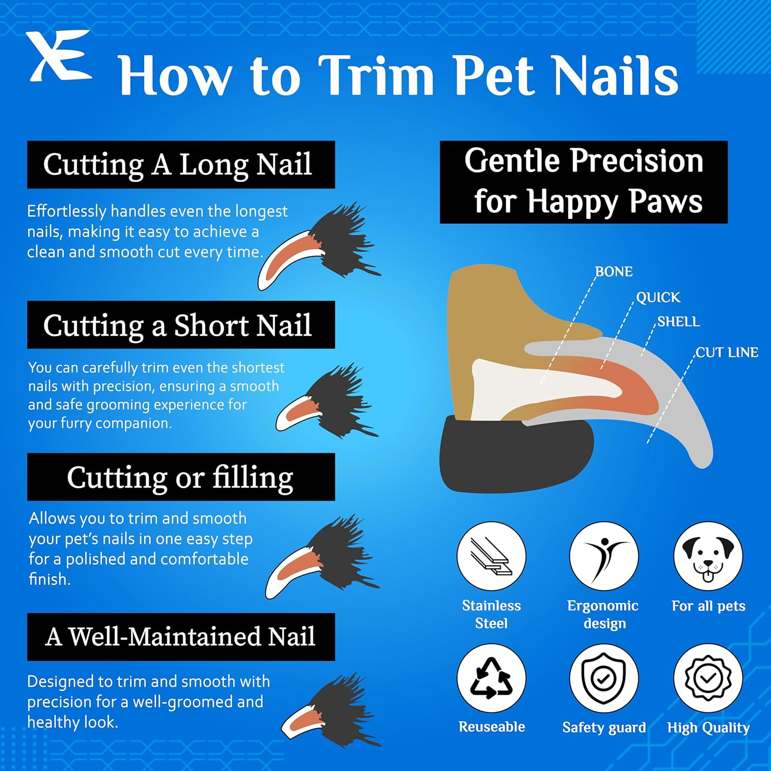 XE Stainless Steel Pet Nail Clipper &ndash; Non-Slip Handle Nail Cutter for Pets with Protection Guard, Cat and Dog Claw Trimmer with Nail File, Professional Grooming Tool for Dogs, Cats & Other Pets image number 4