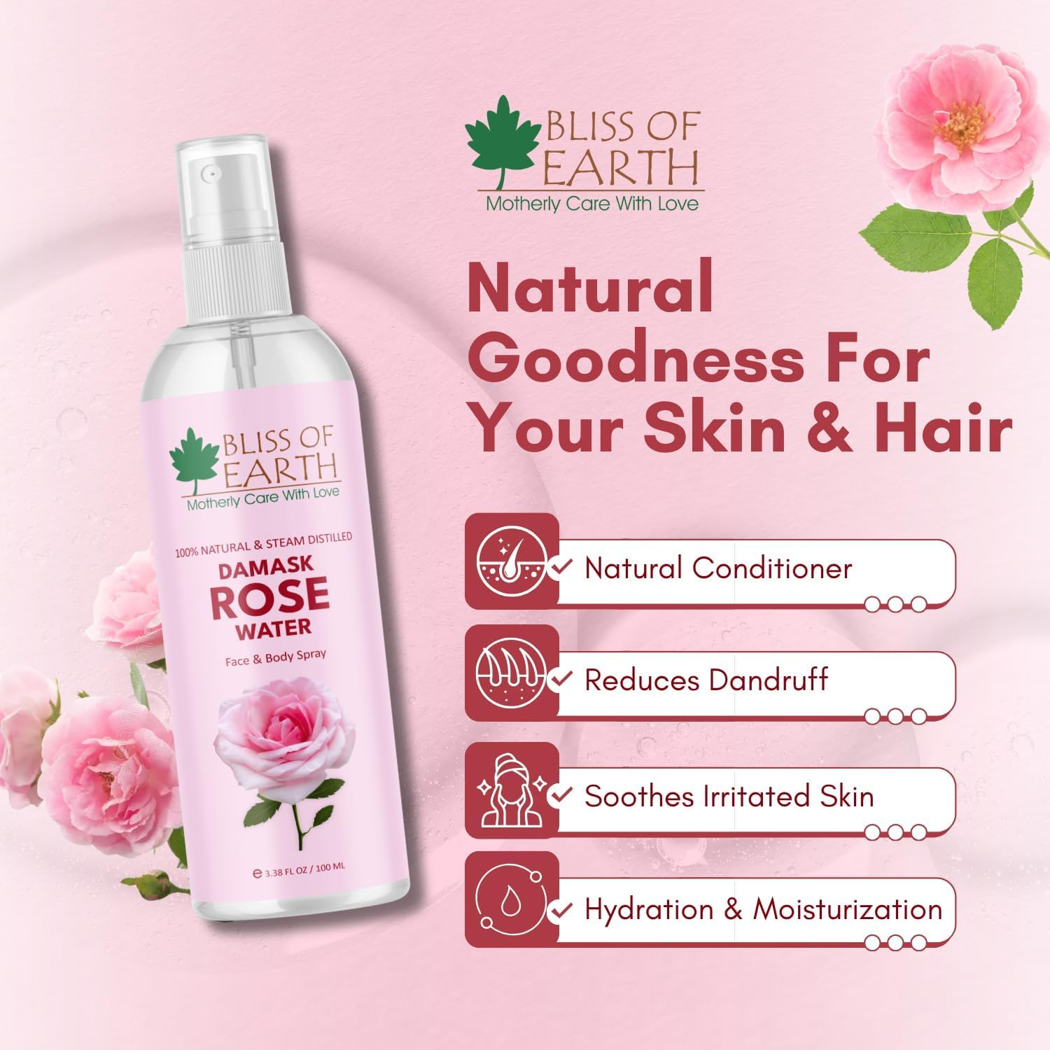 Bliss of Earth 100% Pure Damascena Rose Water Spray for Face, Steam Distilled, Food Grade, Pure Gulab Jal, 100ML image number 2