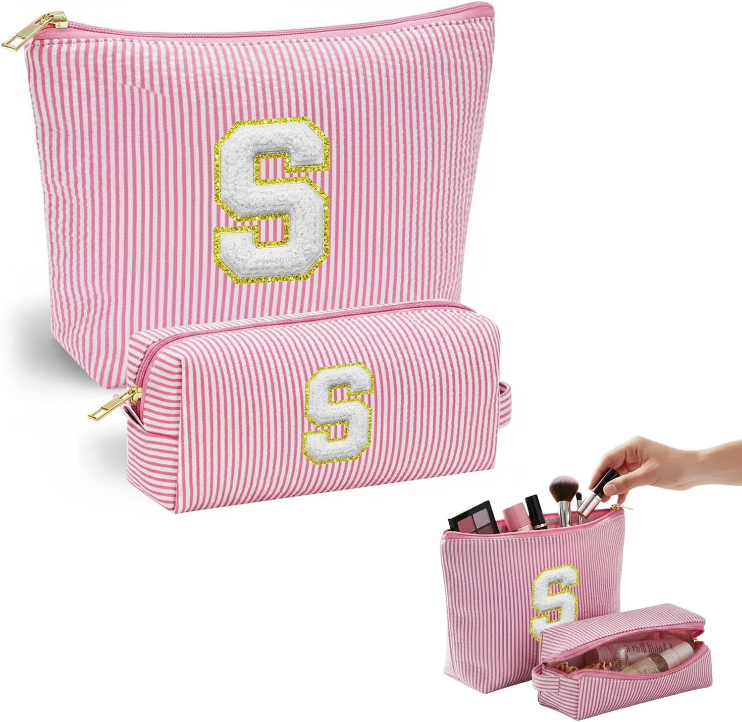 VLYX Personalized Make up Bag - Large Capacity Cosmetic Bags for Women A-Z Initials, 2 Pack - Portable Toiletry Bag, Birthday Gifts Idea, S image number 2