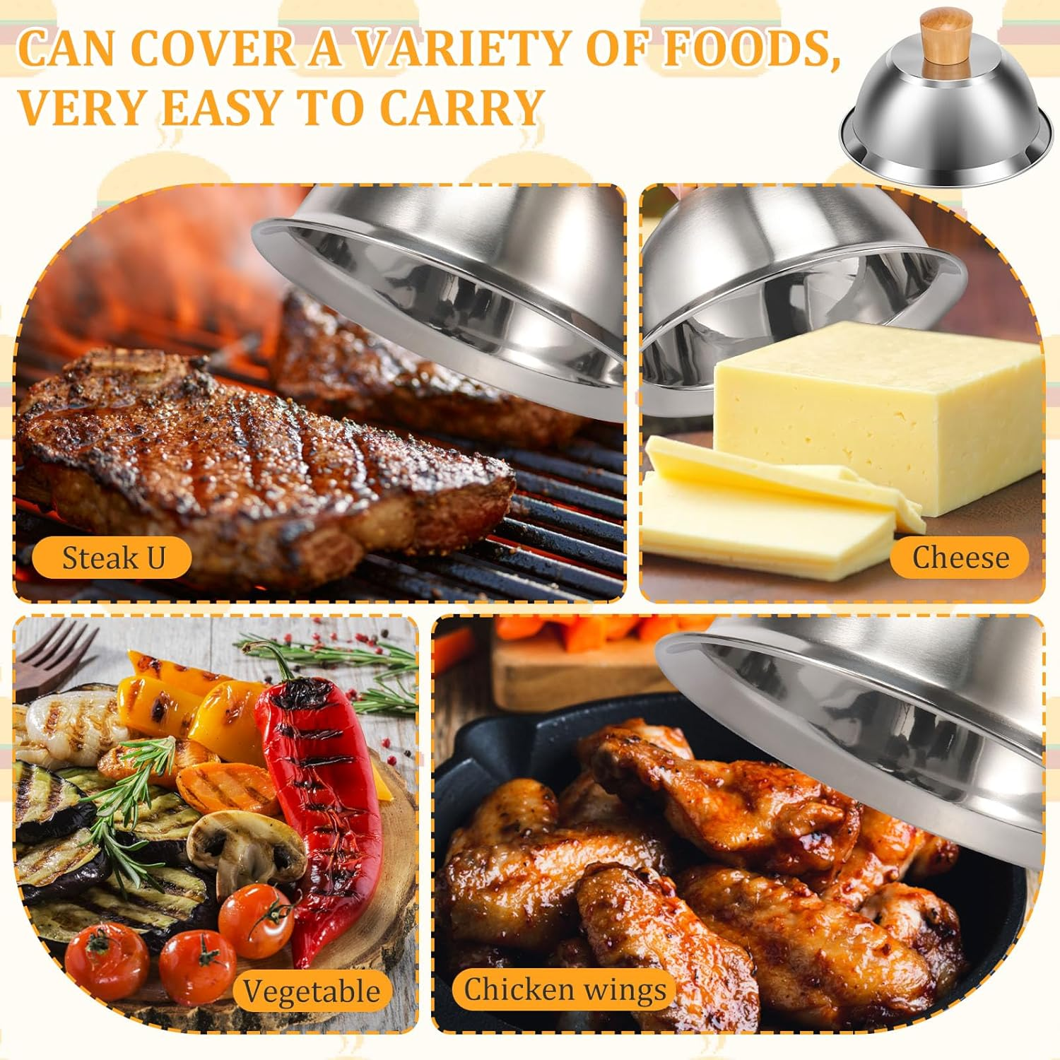 4 Pcs Burger Cover, round Basting Cover, Cheese Melting Dome with Bamboo Handle, Stainless Steel Burger Cover, Grill Accessory, Dishwasher Safe Steaming Cover for Cooking Hamburgers Steaks Bacon image number 2