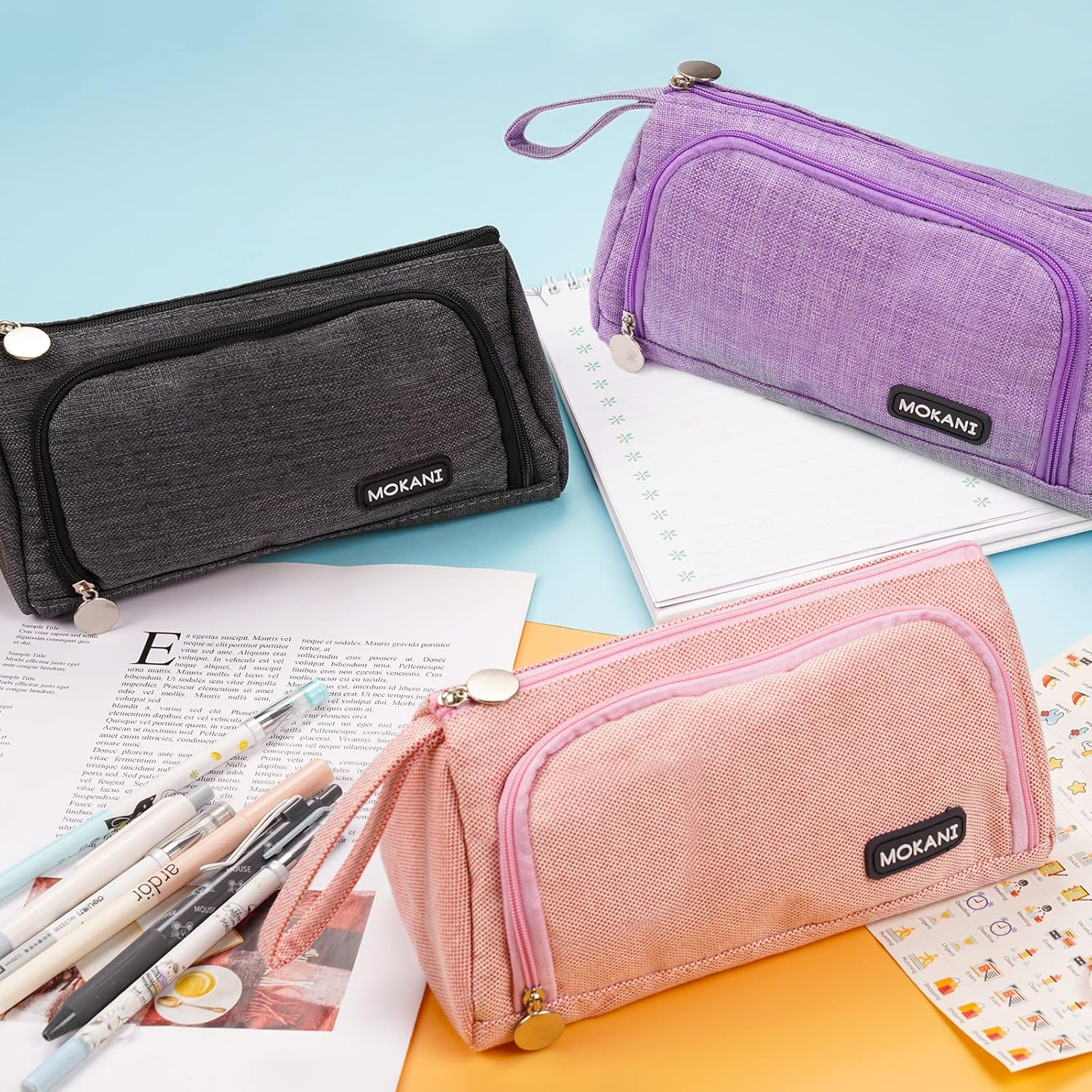 Mokani Big Capacity Pencil Case, Canvas Pen Pencil Pouch with Handle, Stationery Storage Cosmetic Bag Middle High School College Office Organizer for Students Girls Teens Adults, Gray - Gray image number 3