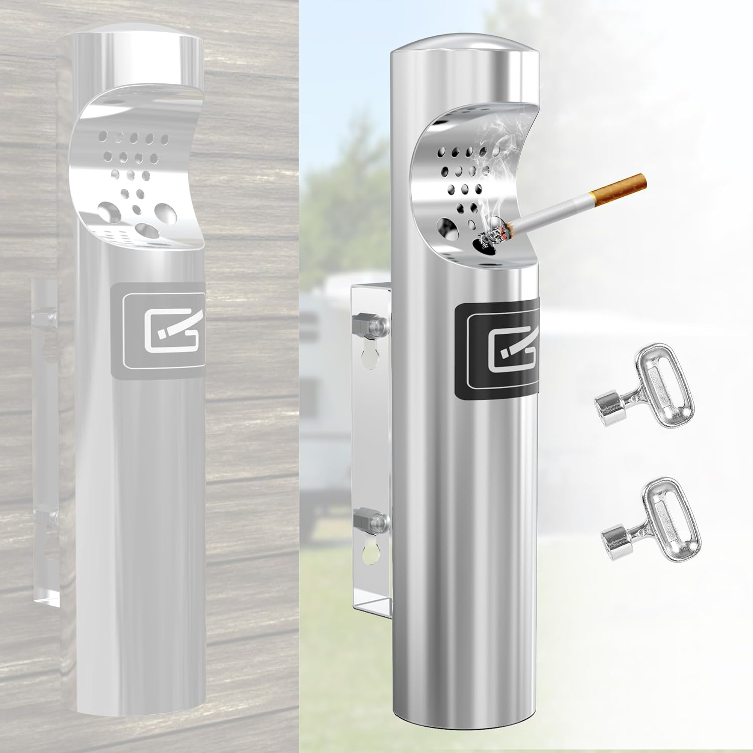 Outdoor Cigarette Ashtray, Wall Mounted Butt Receptacle, Commercial Disposal Container, Smokers Outpost for Patio - Stainless Steel
