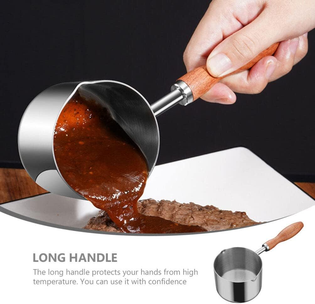 Alipis Stainless Steel Sauce Pan with Pour Spout, 300Ml Small Pasta Pot Wood Handle Cooking Pot Mini Butter Warmer Saucepan Milk Pot Wax Melting Pot Measuring Cup image number 4