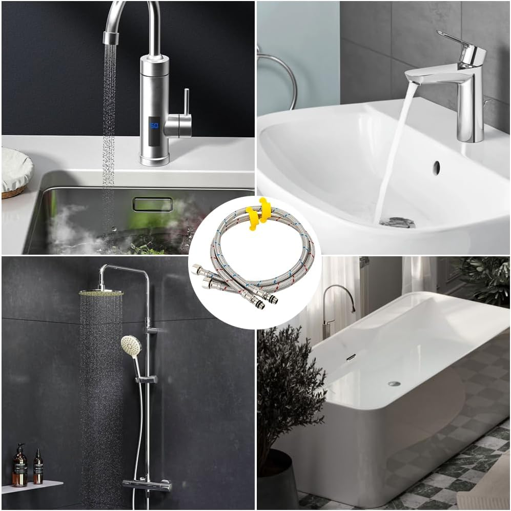 Pack of 2 80 Cm Tap Connection Hose G3/8 X M10, Hot and Cold Water Tap Connection Extension with Sealing Tape, Stainless Steel Braided Flexible Hose Fitting, Suitable for Kitchens and Bathrooms