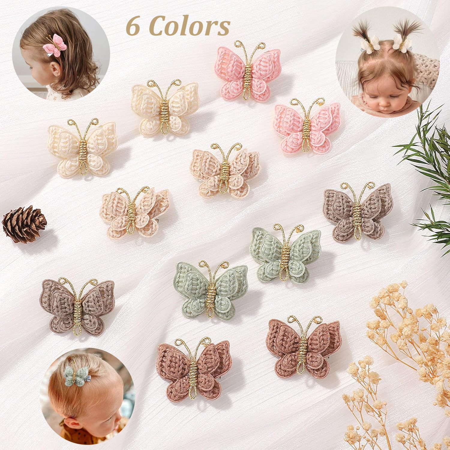 Xinghonyac 12 Pcs Butterfly Hair Clips, Soft Wool Barrettes for Girls, Handmade Butterfly Flower Hair Accessories for Thin & Thick Hair, Bow-Adorned Barrettes image number 6