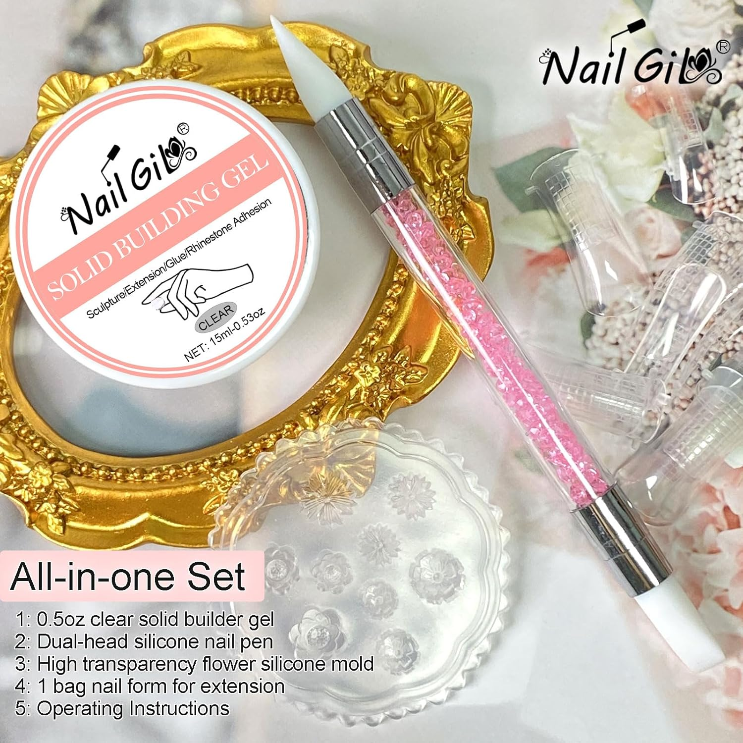 NAIL GIL Solid Builder Gel for Nails, 3D Gel Nail Art Sculpture Non-Sticky Hand Clear Extension Gel Sock off UV LED with 3D Silicone Mold Salon DIY at Home-15G/0.53Oz