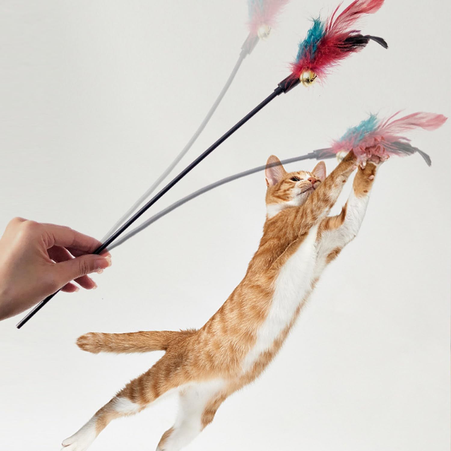 5 Pcs 20" Long Cat Feather Teaser Stick with Rattle Bell, Interactive Wand Toy for Cats and Kittens