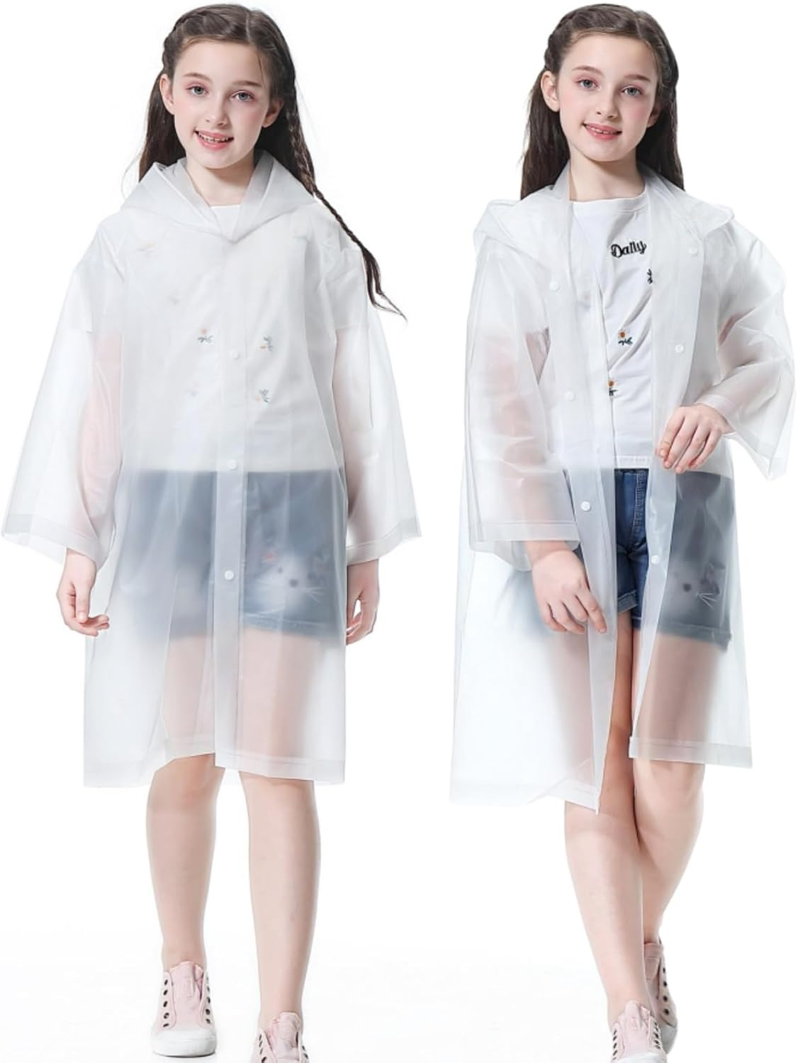 Kids Rain Poncho 2 Pack, Reusable Raincoat Rain Jackets for 6-14 Girls Boys