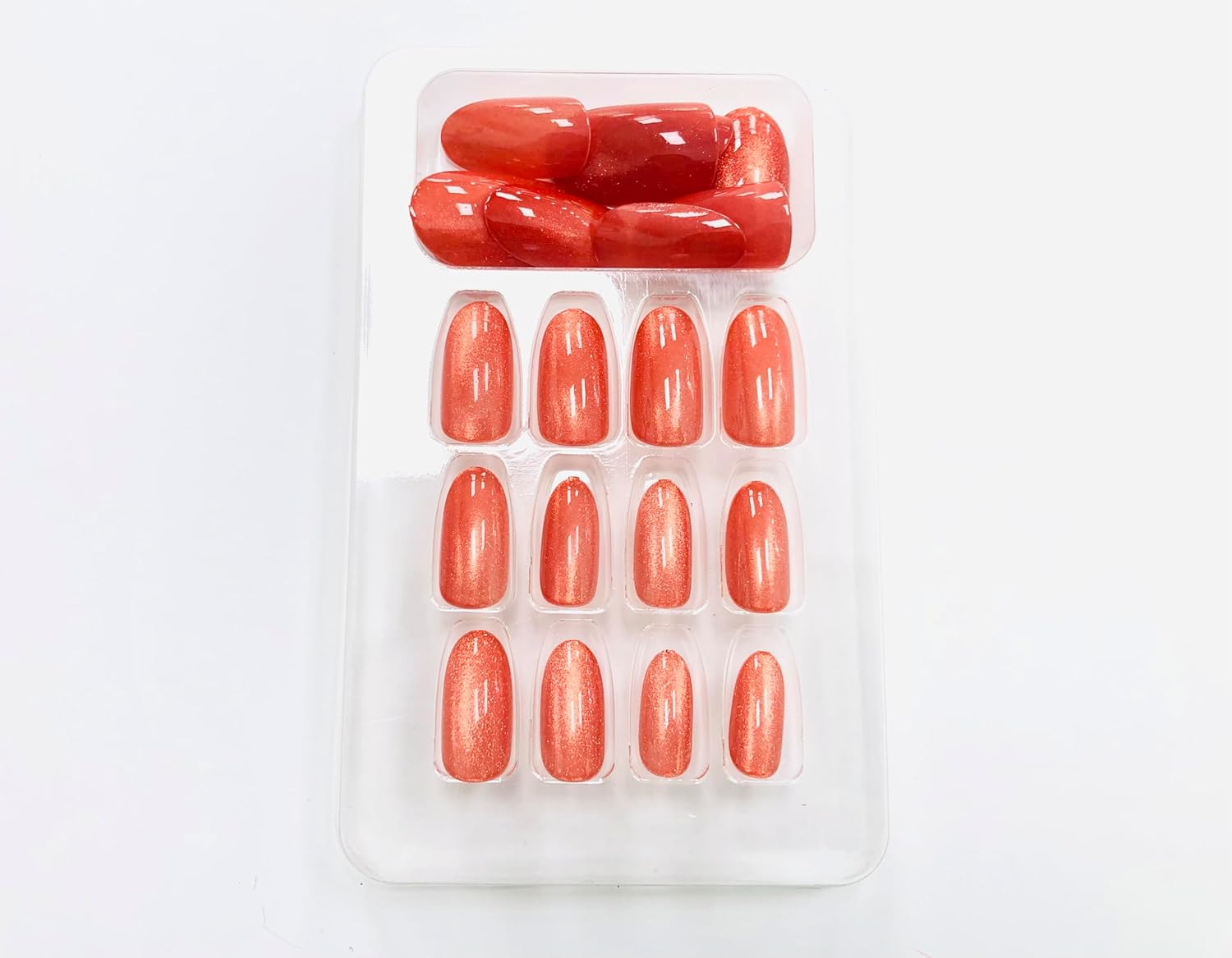 Glam'Up Paris False Nails - Full Cover - Easy to Use - 24 False Nails per Box + Double Sided Tape - Almond Shape - No. 243 - Coral Red