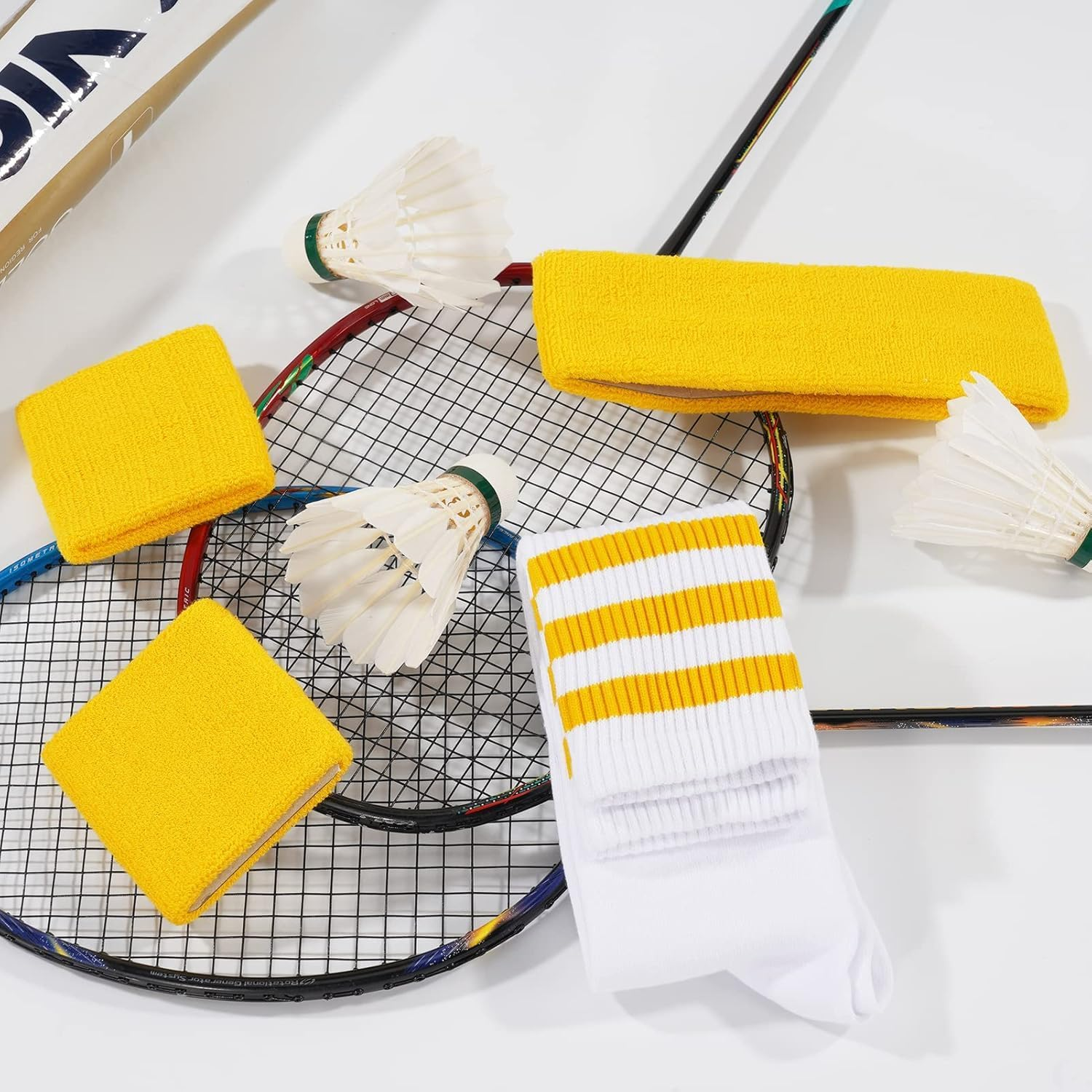 5 Pack 80S Striped Sweatbands Set &ndash; Cotton Headband, Wristband, Colorful Athletic Socks for Women, Sports Workout Accessories, Mardi Gras image number 2