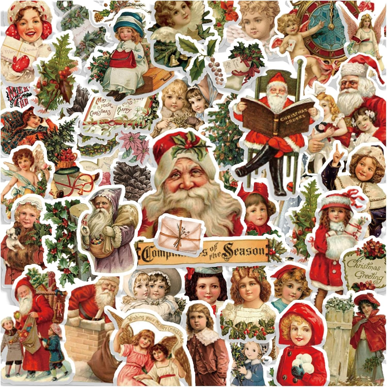 100 Pcs Christmas Stickers Non-Repeating Retro Santa Claus Stickers Christmas Decoration,Waterproof Holiday Sticker for Scrapbook,Cards,Junk Journals, Laptop,Water Bottles (Santa 100 Pcs)