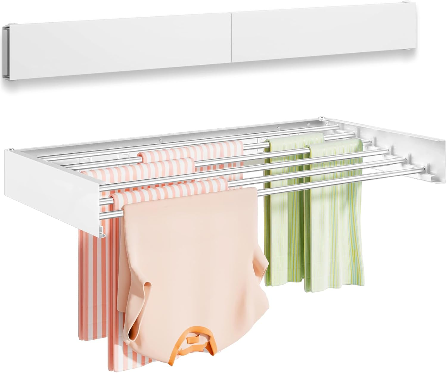 Vikaqi Wall Mounted Clothes Drying Rack 100 CM, Foldable Wall Mount Laundry Rack Folding Indoor, Drying Rack Clothing Collapsible, Towel Rack with Wall Template, 6 Rods, White image number 2