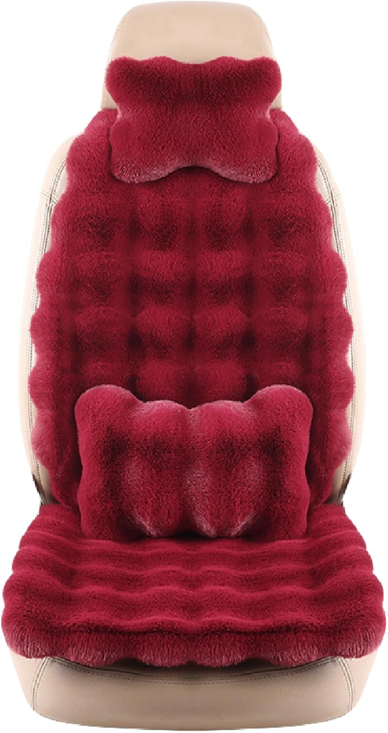 Fluffy Car Seat Covers, Front Seat Full Set Fuzzy Cushions, Soft Lumbar Support Cushion & Headrest Pillow for Pain Relief, Universal Fit Car Seat Cushion Seats Protector for Fatigue Relief (Wine Red) - Black image number 4