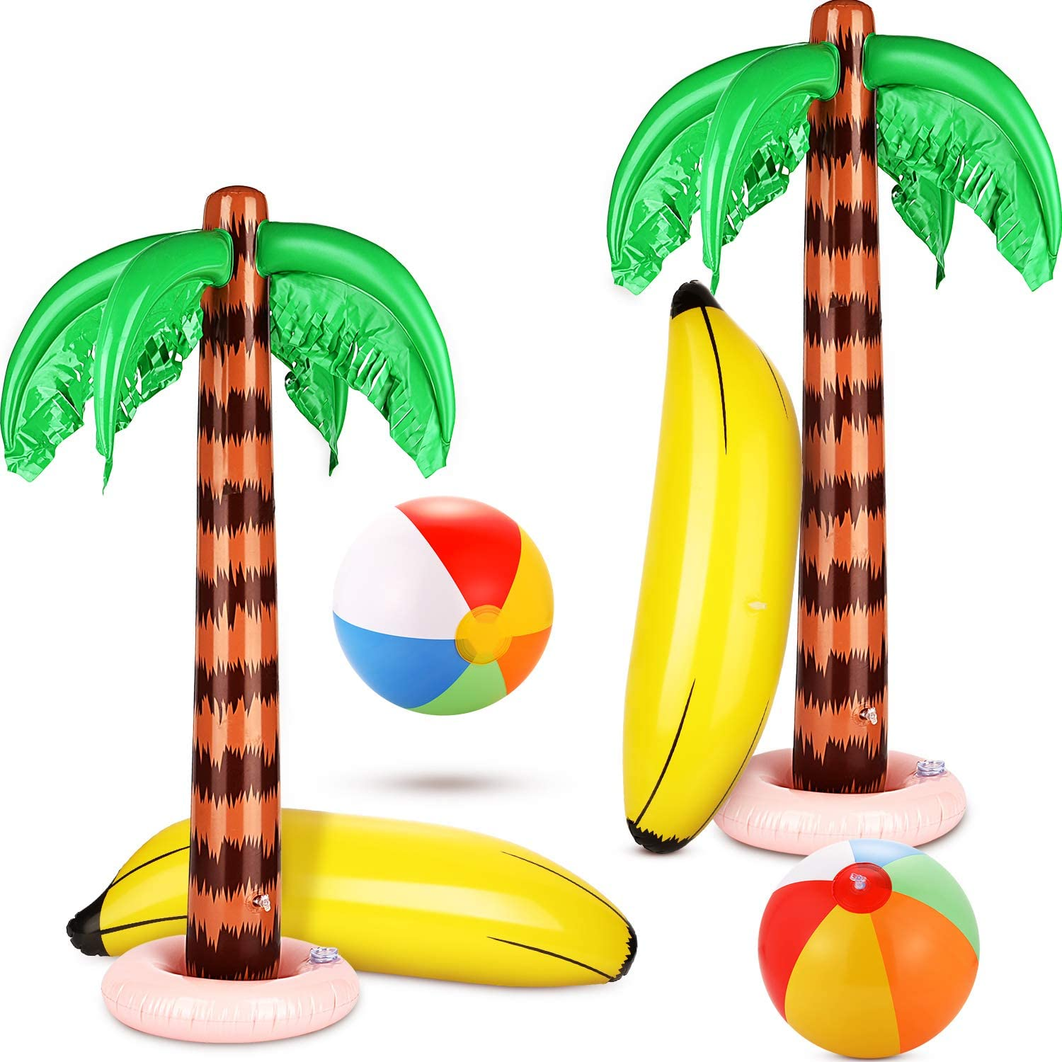 Meekoo 6 Pieces Inflatable Palm Trees Jumbo Coconut Trees Colorful Beach Balls Rainbow Color Balls Beach Inflatable Bananas for Hawaii Beach Luau Party Backdrop Decoration image number 3