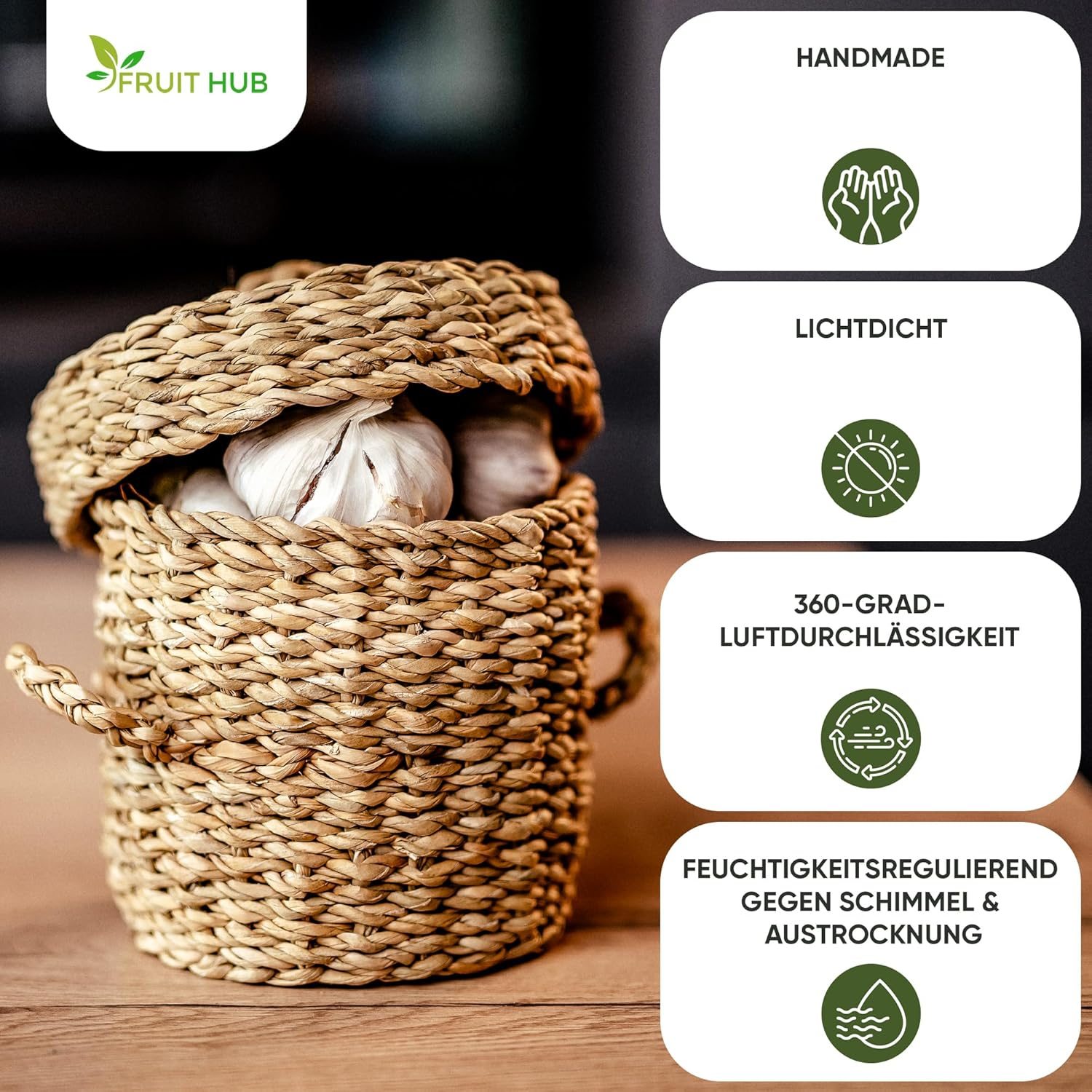 Fruit Hub&reg; Seagrass Potato & Onion Storage Box - Set of 3 Natural Vegetable Containers - Breathable & Lightproof - Sustainable Kitchen Organisation