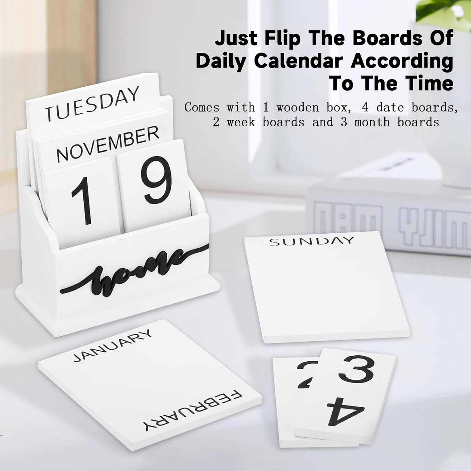 Wooden Block Perpetual Calendar for Desk, Wood Desktop Month Week Date Display Calendar, Rustic Farmhouse Boho Home Office Decor Aesthetic Desk Accessories (White) image number 3