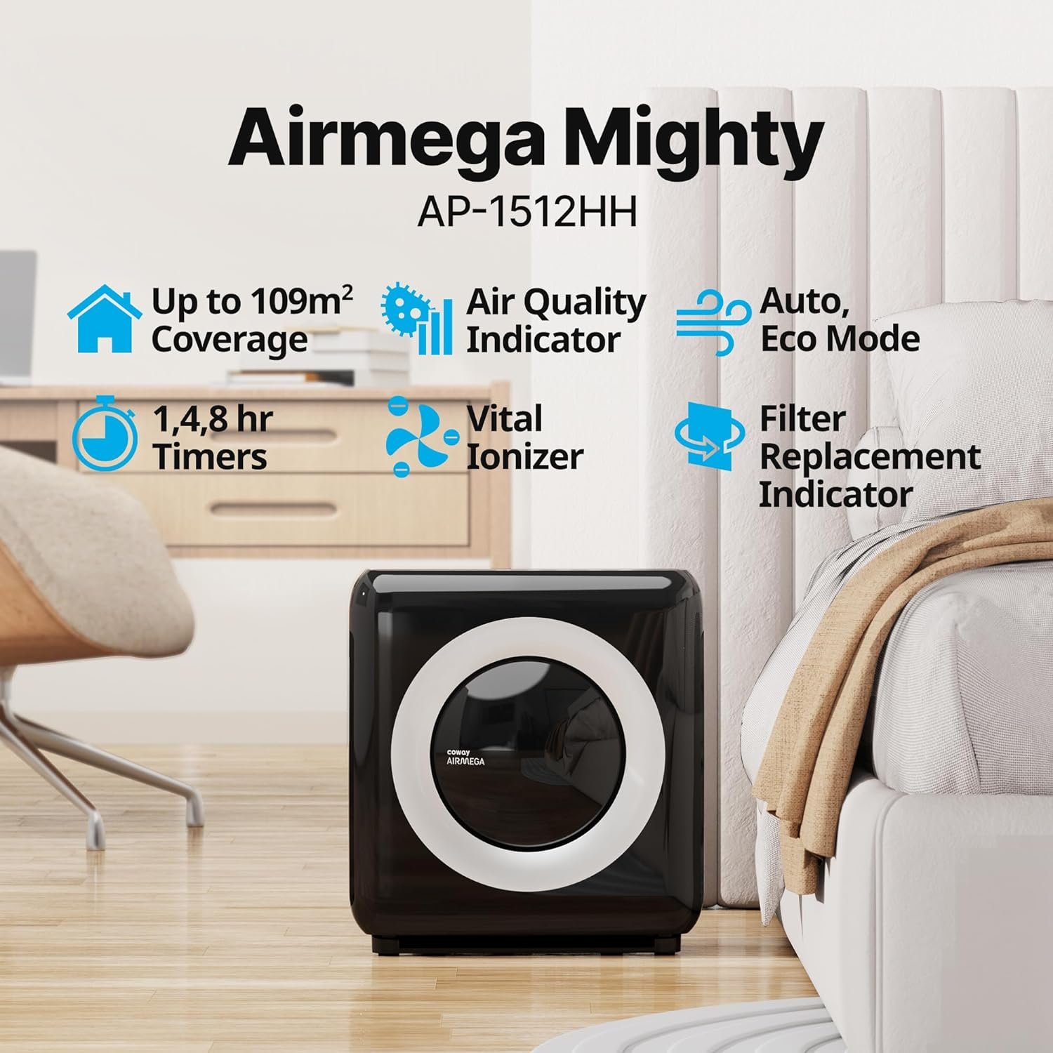 COWAY Air Purifier AIRMEGA MIGHTY (Black) AP-1512HH - Removes up to 99.999 Percent of Harmful Particles and Pollutants for 109㎡ Space*, USA Best Air Purifier by New York Times image number 4