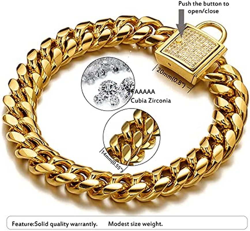 Abaxaca 18K Gold Dog Collar XS Small Metal Stainless Steel 14Mm Luxury Training Collar Cuban Link with Zirconia Lock Necklace Chain Locking Chew Proof Collar(10 Inch)