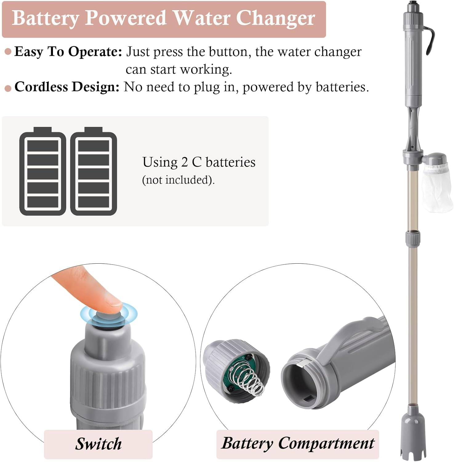 Dirvin Aquarium Vacuum Gravel Cleaner, Battery Fish Tank Water Changer, Removable Vacuum Sand Washer for Fish Tank Cleaning Water Changing Sand Washing, Suitable for Freshwater and Seawater image number 4