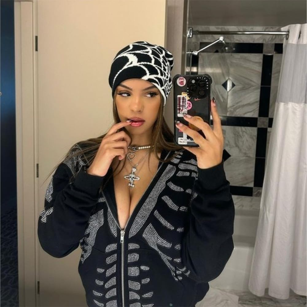 WYNAKESHU Y2K Spider Beanie Hat Beanie MEA Culpa Wireless Acrylic Knit Skull Cap Winter Warm Hats for Women Man Teenagers image number 5