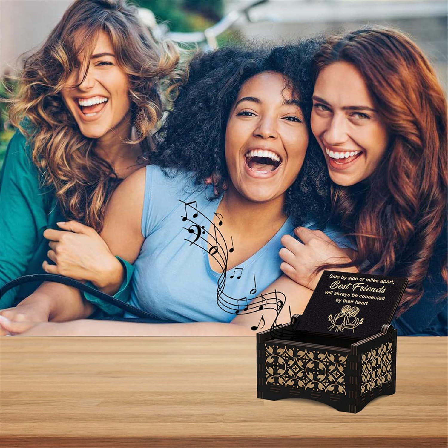 Side by Side or Miles Apart Mechanism Wood Music Box Mechanism Engraved Vintage You Are My Sunshine Tune Wooden Musical Box for Friend Sisters Women Girls Birthday Graduation - Not Sister By Blood image number 4