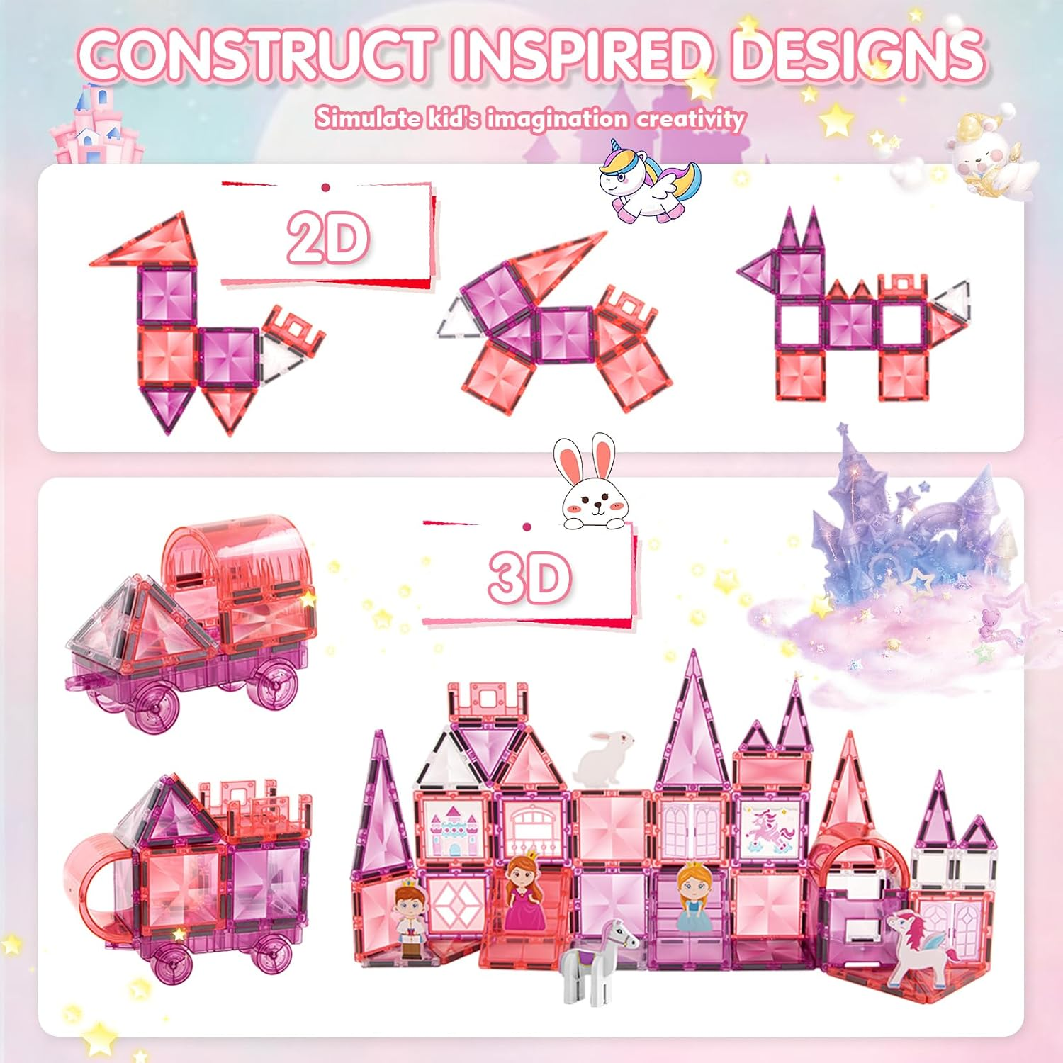 126PCS Magnetic Tiles, Pink Princess Castle Magnetic Tiles Building Blocks, Diamond Magnetic Building Blocks Toys Gifts for Kids Boys Girls 3 4 5 6 7 8 9 10 + Year Old image number 4