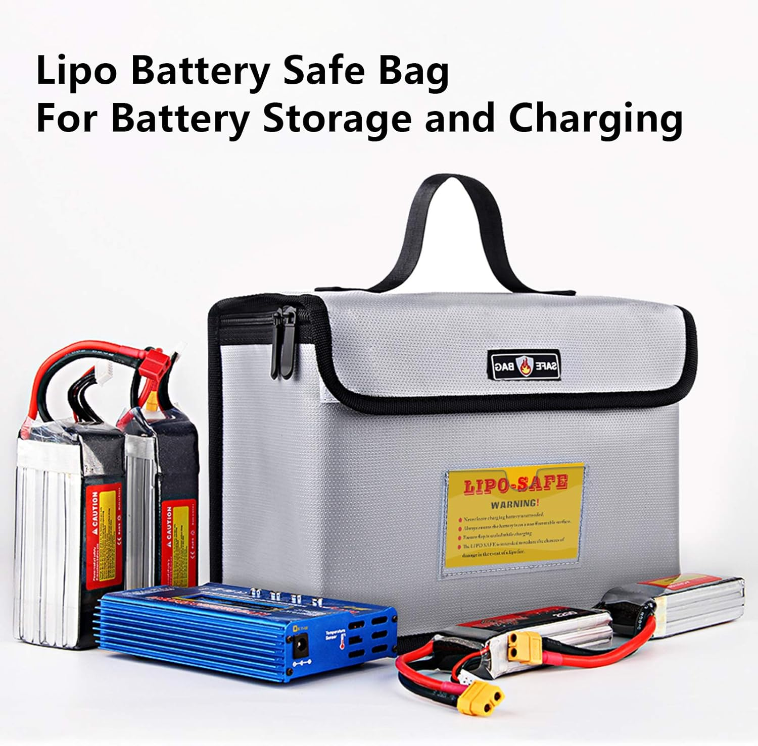 Lipo Bag, Portable Fireproof Explosionproof Lipo Battery Guard Safe Bag Large Storage Space for Battery Storage and Charging with Double Metal Zipper Case Pouch, 260 * 130 * 190Mm