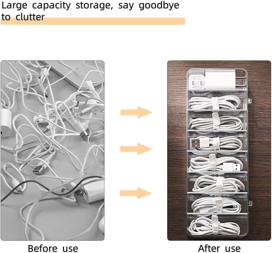 JTGYMY Plastic Cable Management Box with 10 Wire Ties, Clear Power Cord Organizer with 8 Compartments, Transparent Data Cable Organizer image number 3