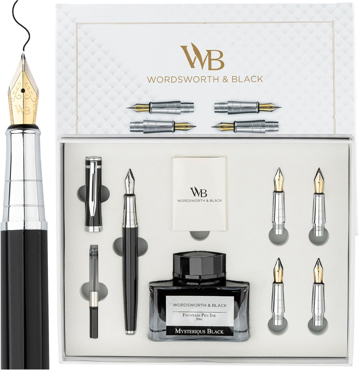 Wordsworth & Black Fountain Pen Gift Set, Includes Ink Bottle, 6 Ink Cartridges, Ink Refill Converter, 4 Replacement Nibs, Premium Package, Journaling, Calligraphy, Smooth Writing Pens [Black Chrome]