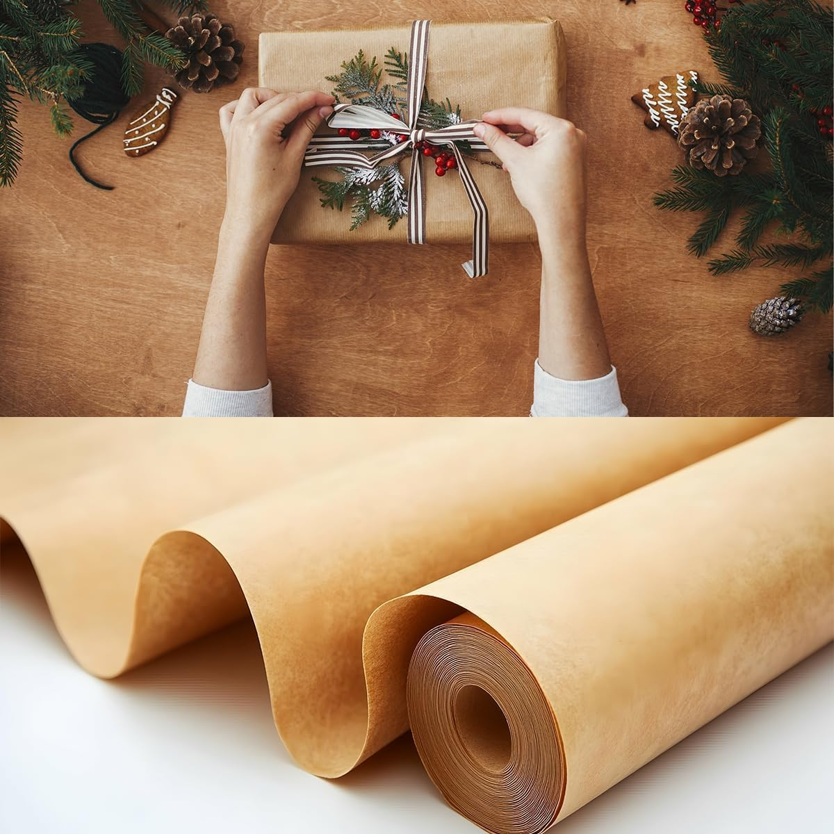 Recycled Kraft Paper,Brown Kraft Paper Roll, Craft Paper,Wrapping Paper,Natural Recyclable Perfect for Crafts, Art, Small Wrapping, Packing, Postal, Shipping (Brown, L) image number 1