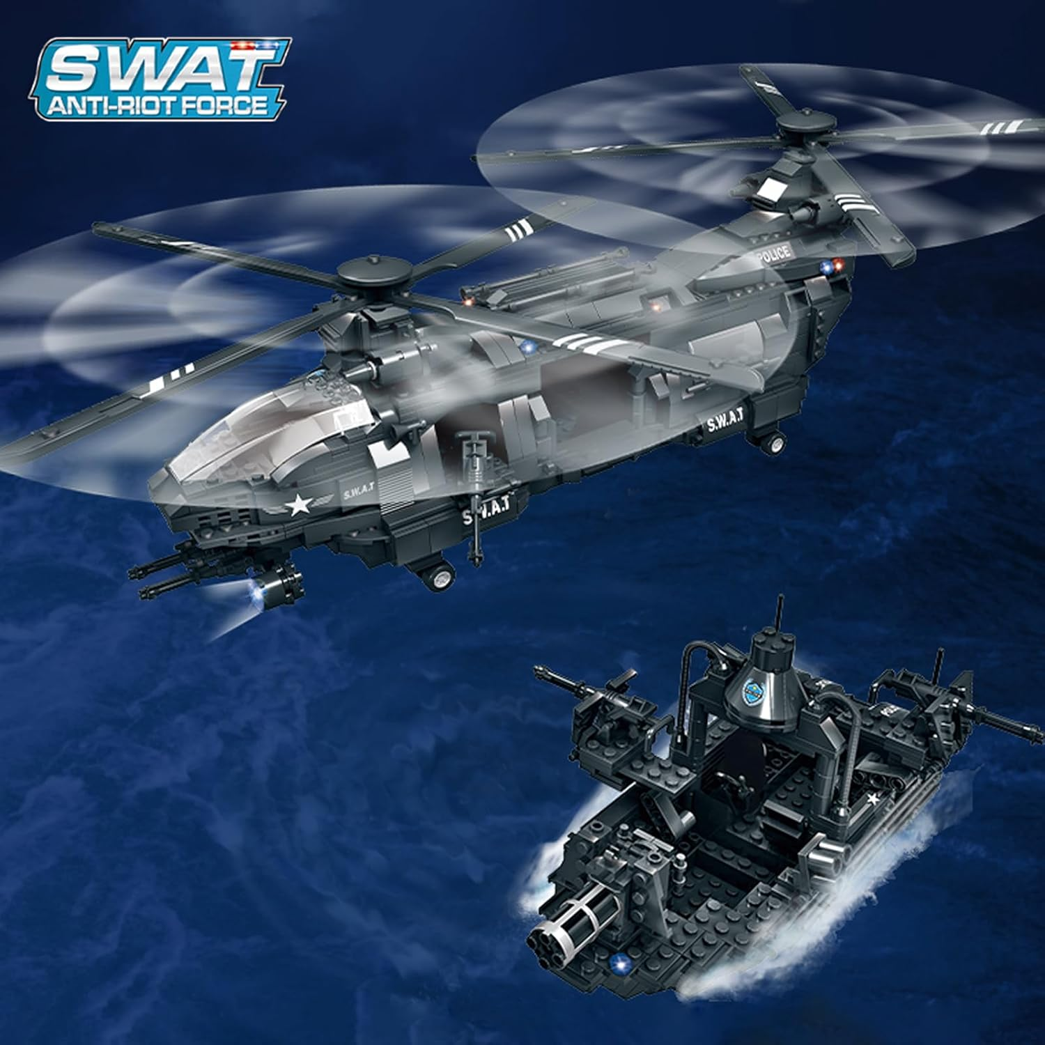 WOMA Pave Hawk Helicopter Building Block Set, SWAT Airplane with Warship Building Kit, 1251 PCS Military STEM Toys for Kids 6-12 image number 1