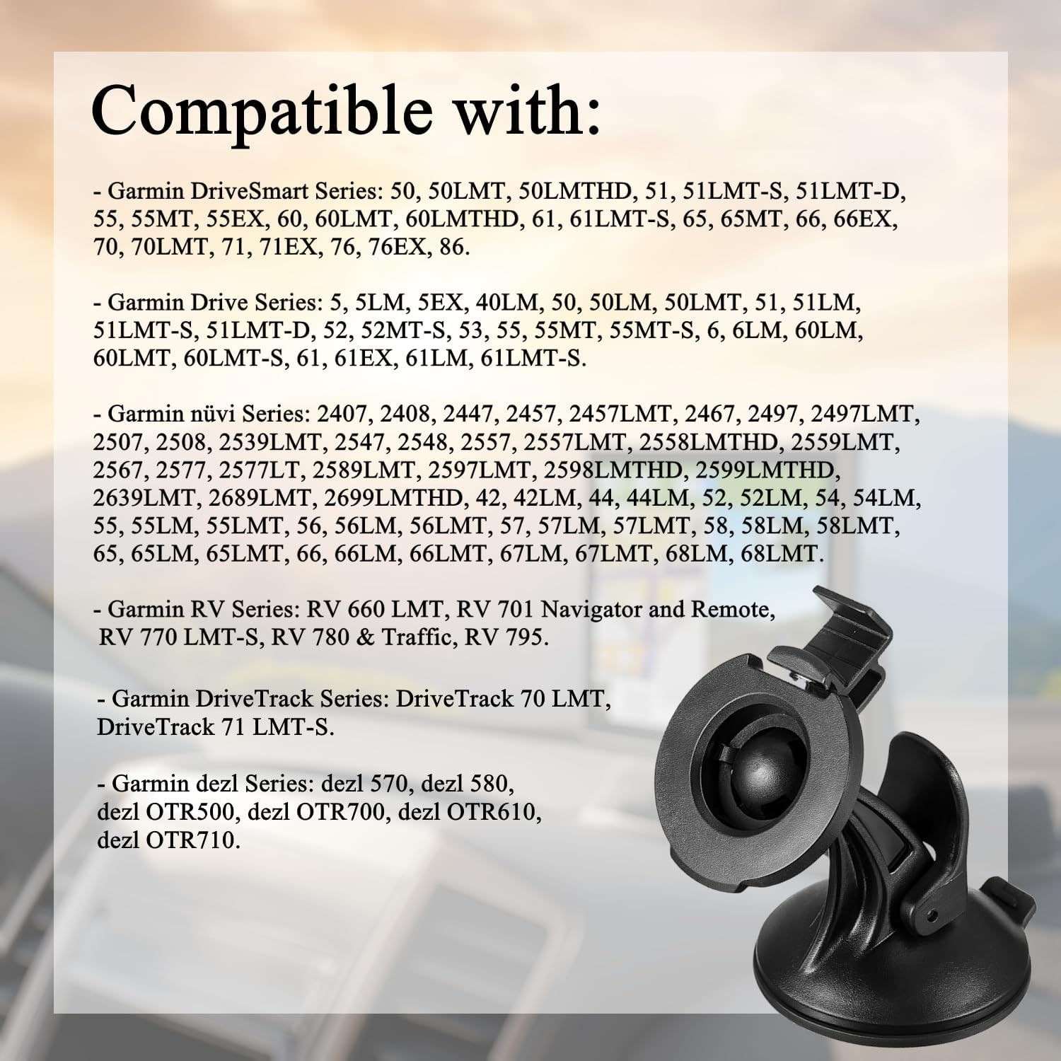 Windshield Suction Cup Bracket Cradle Complete Mount &ndash; Compatible Replacement for Garmin Drivesmart 50 51 61 65 70 76, Drive 51 55 60 61, N&uuml;vi 42 52 57 2539 2597 2689, RV 660 770, Dēzl 570 580 OTR700