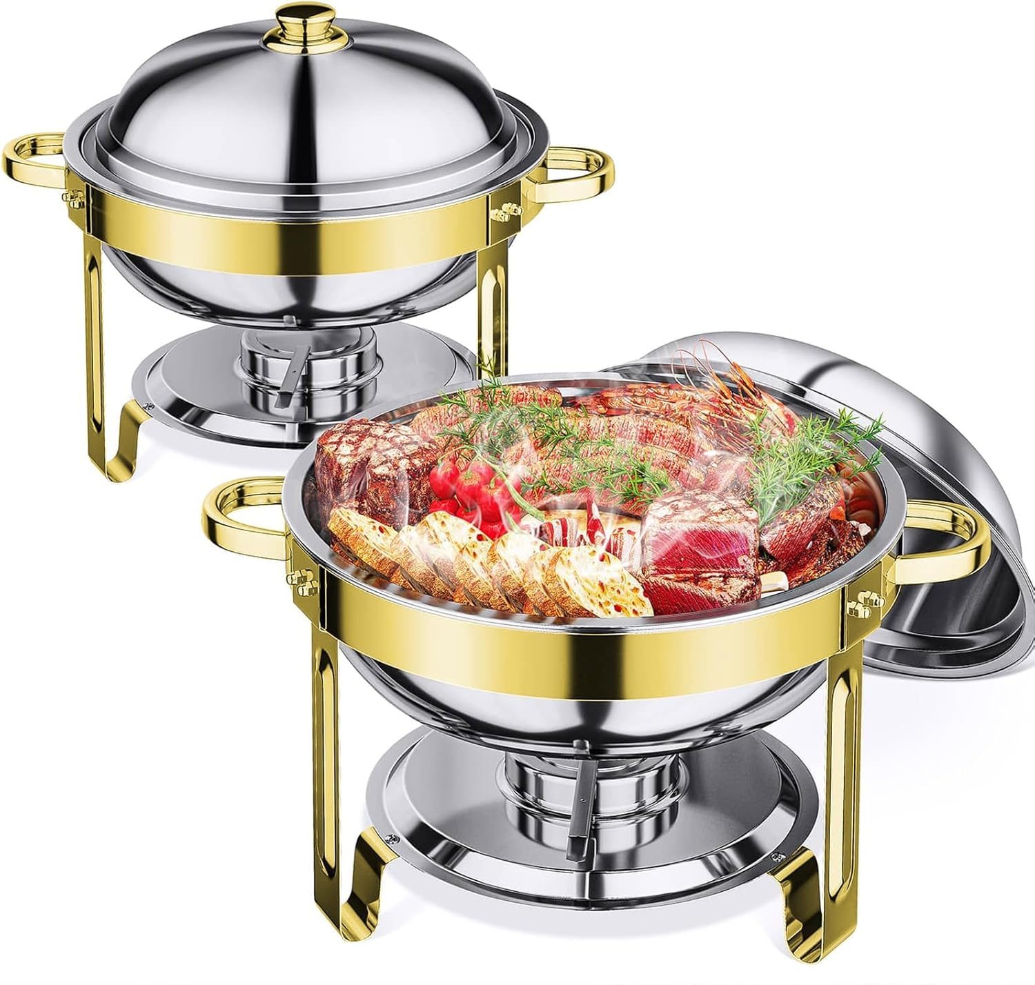 5.5QT Chafing Dishes for Buffet 2 Pack, round Stainless Steel Chafer for Catering, Upgraded Chafers and Buffet Warmer Sets with Food & Water Pan, Gold Frame, Fuel Holder for Any Events