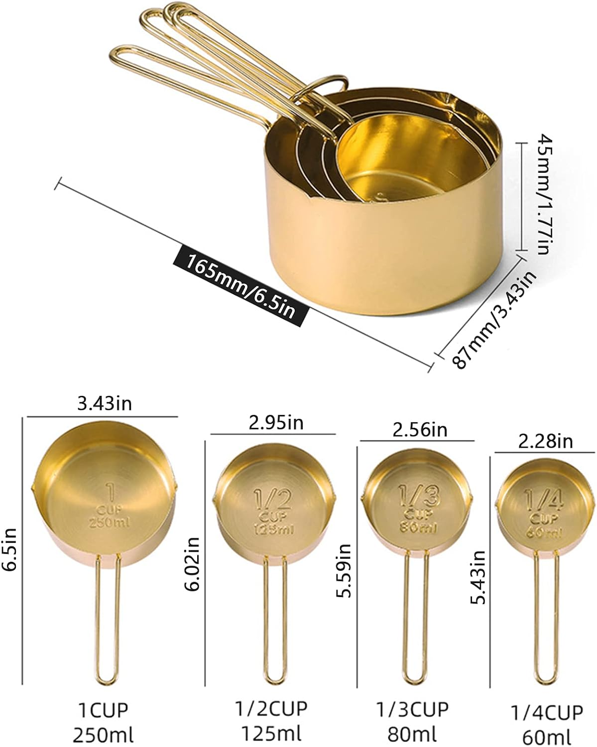 4Pcs Stainless Steel Measuring Cups Set Kitchen Accessories Baking Tea Coffee Measuring Tools (Gold-4Pcs) - Gold image number 5