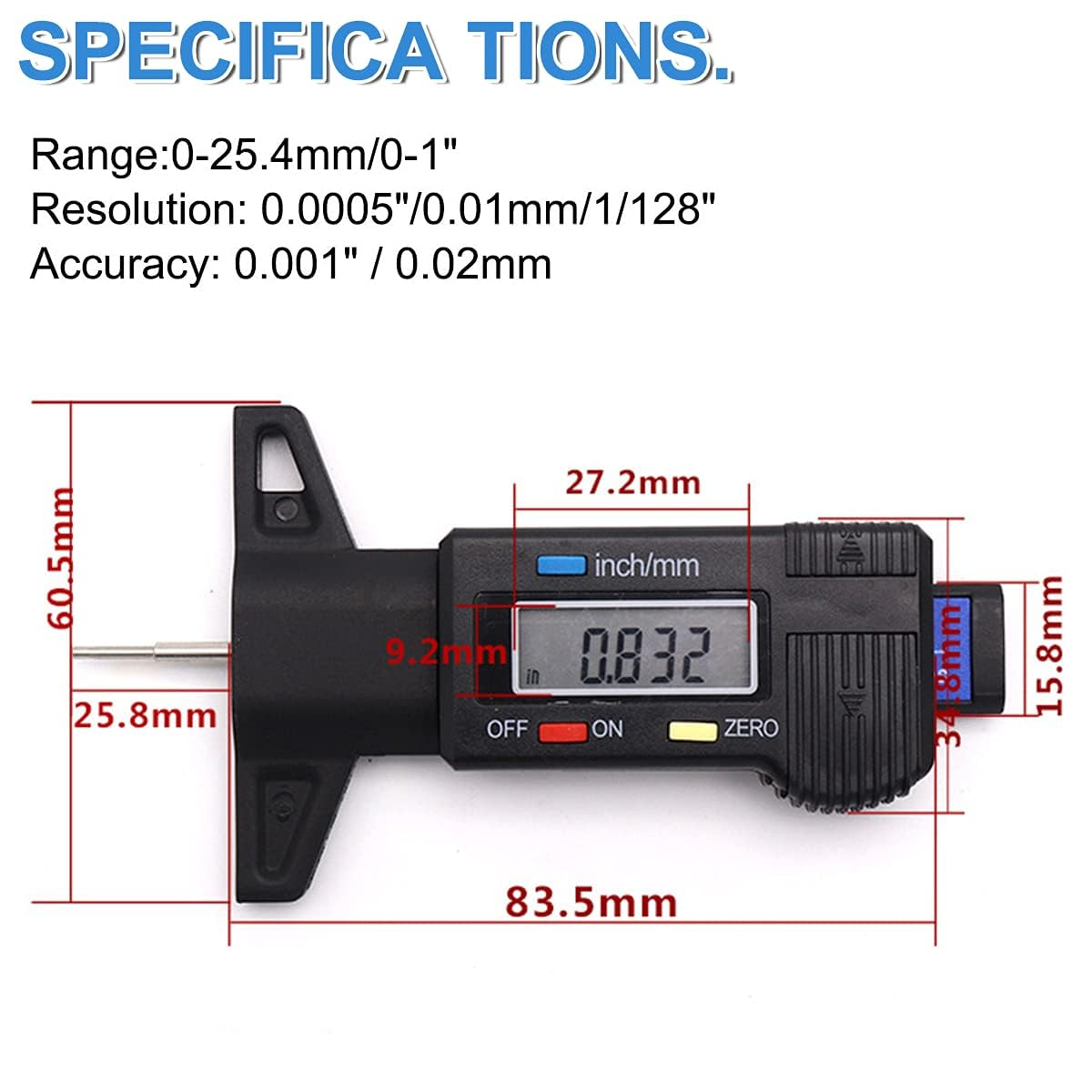 Tire Tread Depth Gauge, Digital Tire Tread Depth Gauge LCD with Inch and MM Conversion of 0-0.98 Inches, Tread Checker Tire Tester for Cars Motorcycle Trucks Vans SUV (Black) image number 2