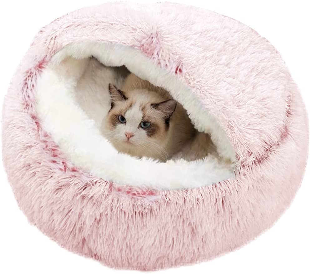 SUOXU Cat Bed Small Dog Bed,Plush Cover Self Warming Soft Calming Nest Kitten Puppy Bed with Non-Slip Bottom Machine Washable for under 7Kg Small Pet Snooze Sleeping Indoor (Grey)
