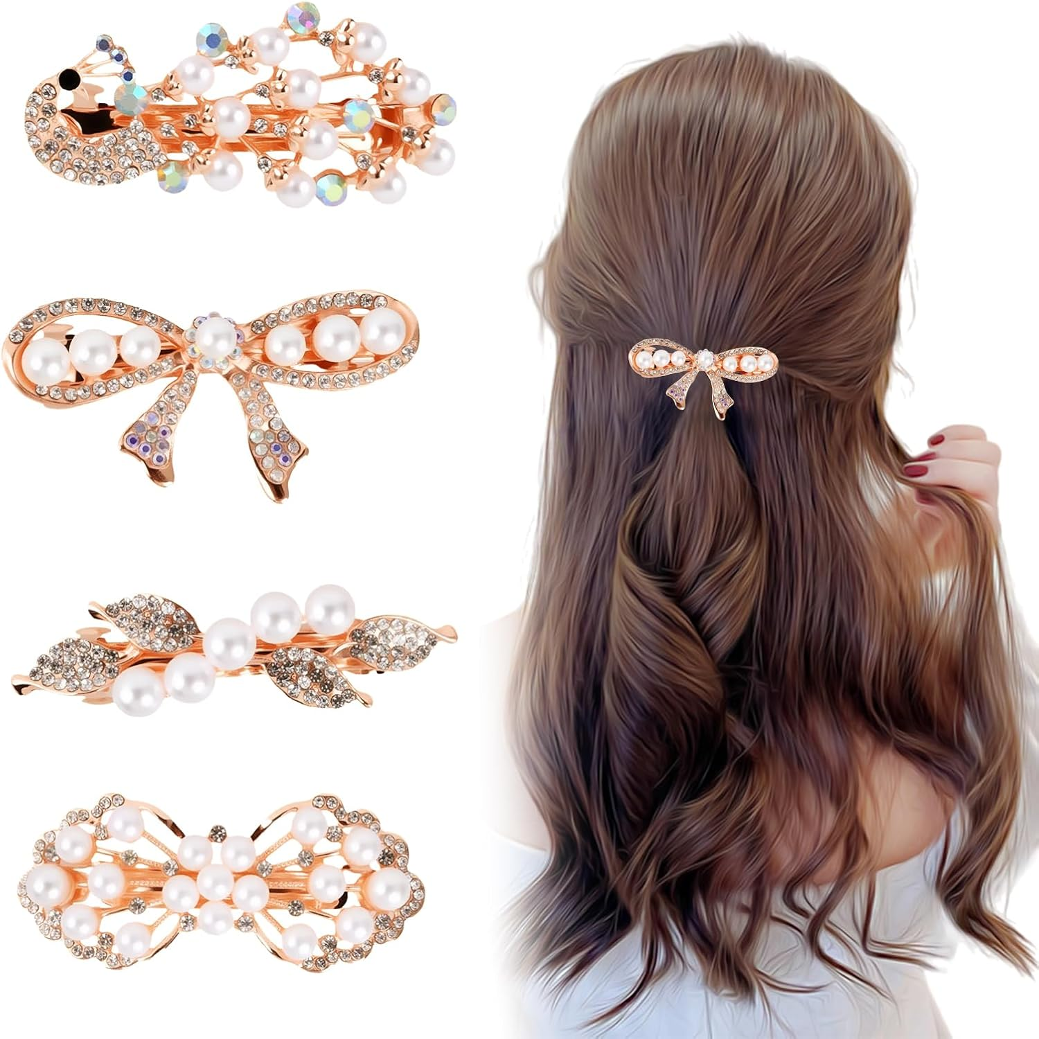 Pack of 4 Pearl Hair Clips for Women and Girls, Elegant Rhinestone Hair Clips with Flower Design, Bridal Hair Accessories for Wedding, Party, Everyday Life, Vintage Hair Accessories image number 4