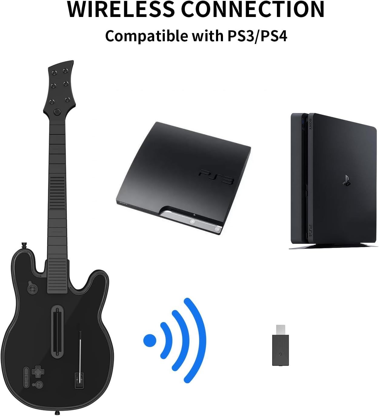 JJDWIN Wireless Guitar Hero Controller for PS4/PS3/PC with RGB Light, Rock Band & Clone Hero Games,  Festival with Strap & Wireless Dongle,Black image number 3