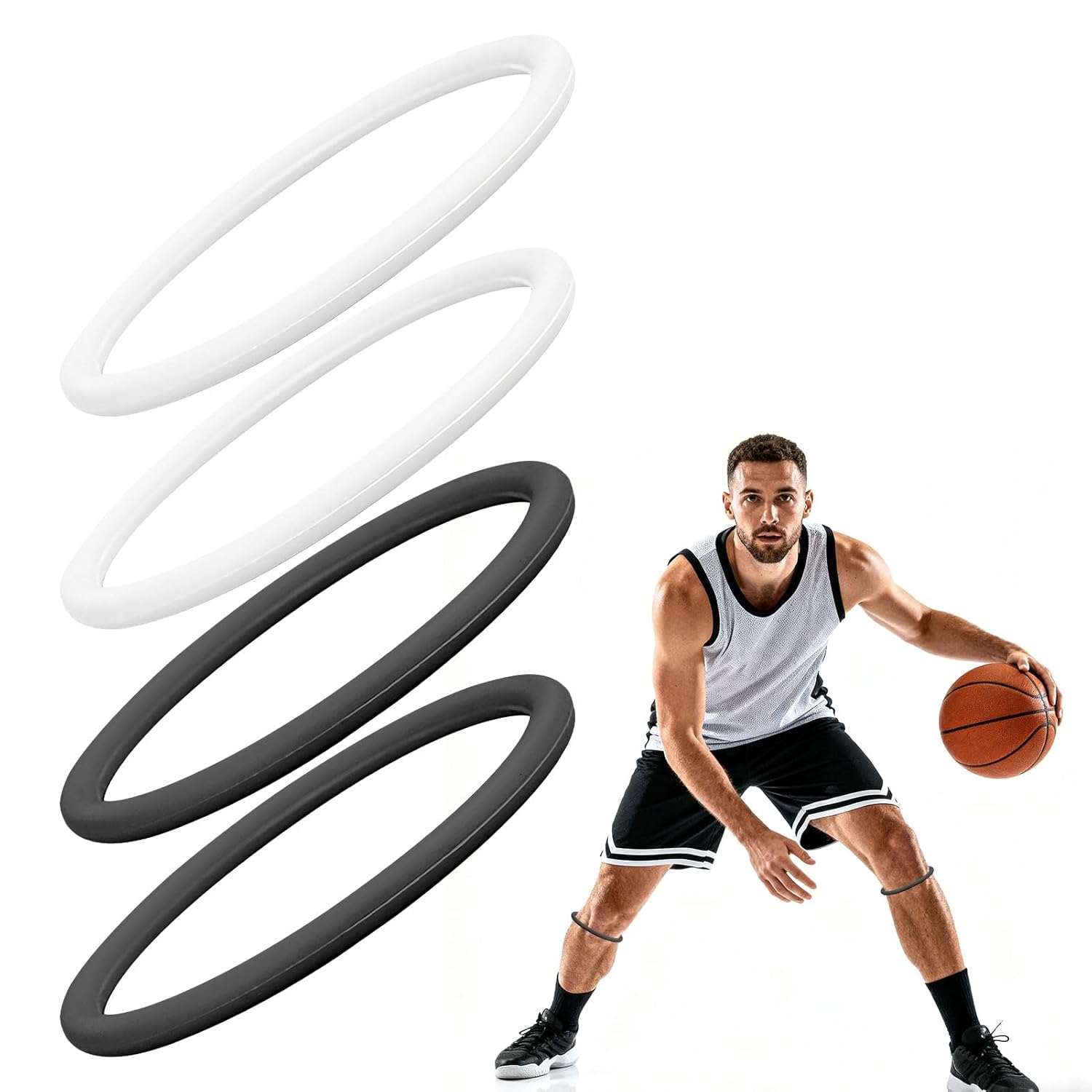 Knee Support,4 Pack Patella Knee Strap,Knee Brace,Knee Braces,Patella Fine Bands for Knee Pain Relief,Non-Slip Elastic Fixed Knee Stabilizer Rings for Soccer Basketball Running (Black & White)