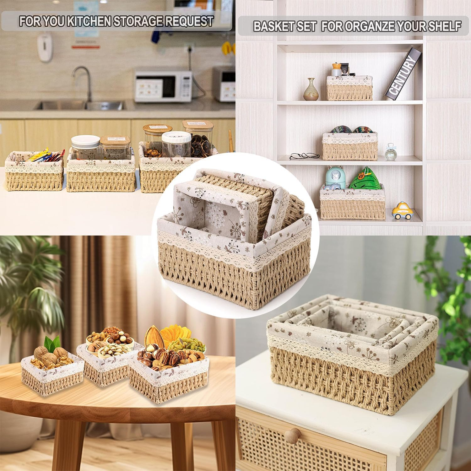 3Pcs Storage Baskets, Wicker Basket,Wicker Storage Basket,Storage Basket Set with Removable Liner for Organizing Shelf, Woven Baskets, Decorative Baskets, Rectangular Baskets - Round image number 4
