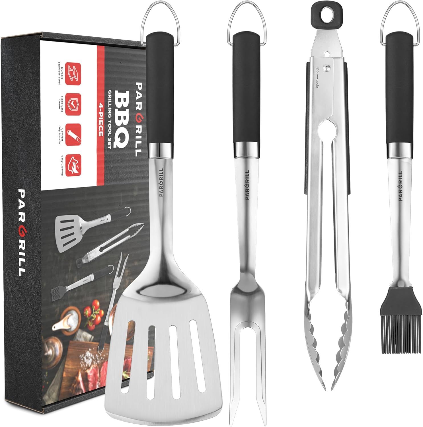 PARGRILL Grill Accessories Heavy Duty BBQ Set Gifts for Men/Women - Premium Stainless Steel Spatula, Fork, Brush & Tongs, Barbecue Utensils Tool Kit Gift for Grilling Lover Outdoor image number 6