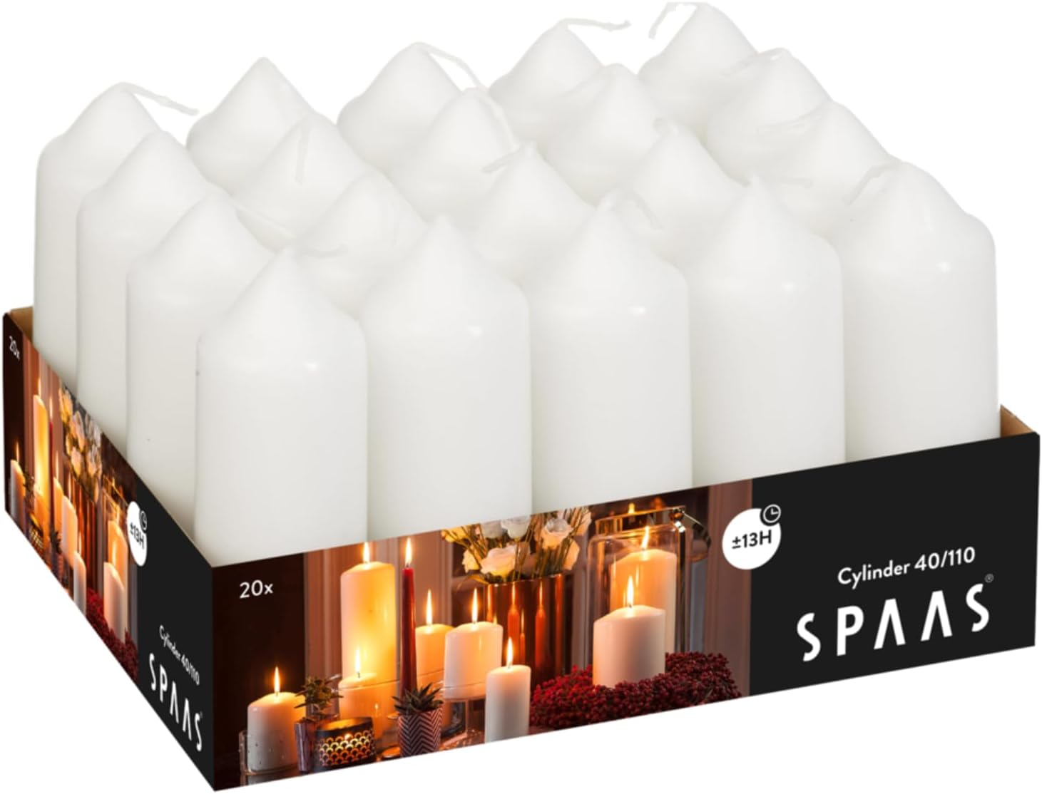 Spaas Tray of 20 Unscented Pillar Candles 40/110 Mm, 13 Hours, White