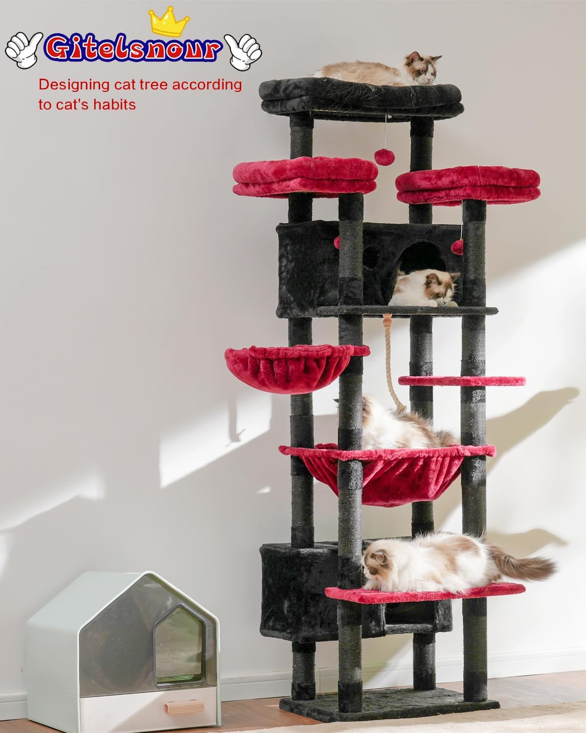 Cat Tree for Indoor Cats Large Adult, 188Cm Cat Tower for with 3 Big Platforms, 2 Baskets, 2 Condos, Multi-Level Cat Scratching Posts, Black and Red GCT030BR image number 3