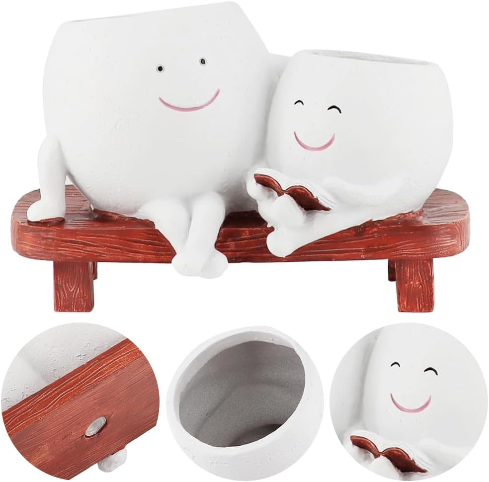 TOMVAES Plant Pots for Succulent Planter,Decorative Double Smiley Face Indoor Plant Pots,Resin Flowerpot,Bonsai Pot Desktop Ornament,Desk Decor Succulent Pot for Patio,Yard,Living Room (White)