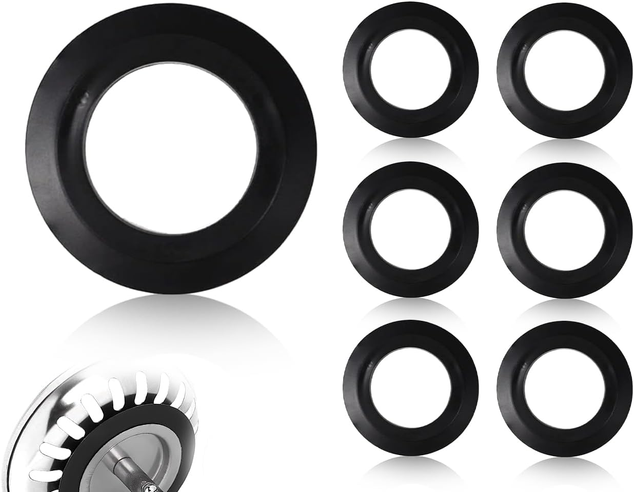 KAPSING Pack of 6 Sink Plugs, Replacement Seal, Black, Rubber Sink Plug Seals, Replacement Part for Diameter 78-83 Mm Strainer Basket